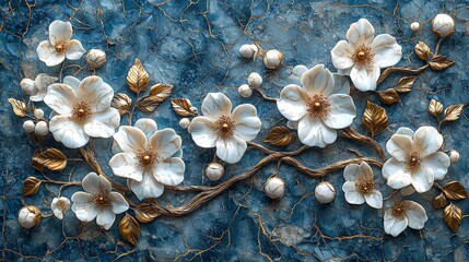 A decorative relief of white flowers and golden leaves on a textured blue background.