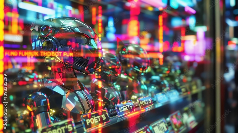 Aufkleber Robot in front of a trading window. 3D rendering.