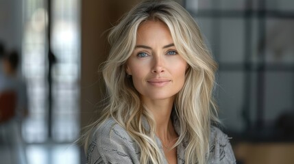 Fototapeta premium Effortless elegance of a woman with tousled hair in a modern indoor setting during daylight hours. Generative AI