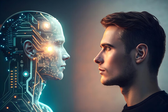 A split-frame image symbolizing the dual nature of AI, with one half depicting a glowing futuristic robot head made of circuits and the other a vibrant human face 