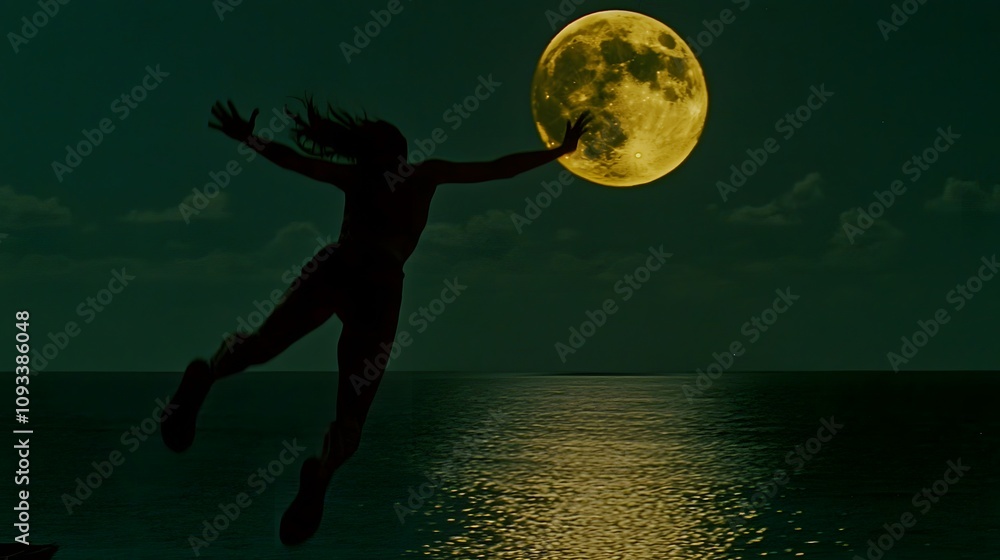 Wall mural a person jumping into the ocean, with the full moon reflecting on the water.