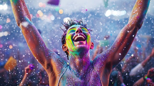 A person covered in neon body paint, dancing ecstatically. 