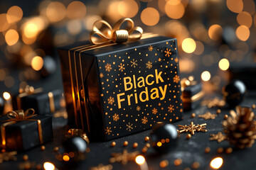 A black box with gold bows and the words Black Friday written on it