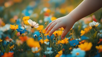 Hand of the child touching bright field flowers