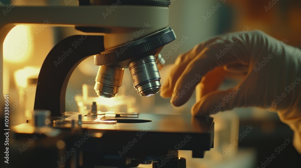 Poster close-up of a microscope lens with a gloved hand adjusting the focus