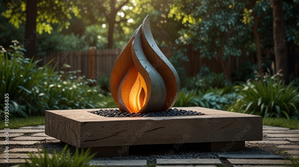 Poster here's a description and keywords for the image.. modern flame sculpture in garden setting at dusk.