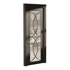 A black door with a glass panel in the middle
