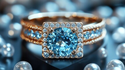 A stunning gold ring adorned with blue gemstones and diamonds, showcasing elegance and luxury.