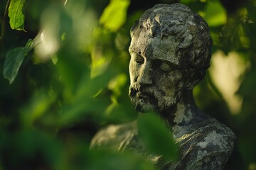 Weathered Stone Statue Among Lush Green Foliage: Natures Embrace of Art and History in a Serene Outdoor Garden Setting