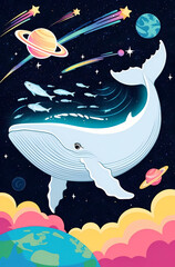 Naklejka premium Whale Swimming In Cosmic Space With Planets And Stars 