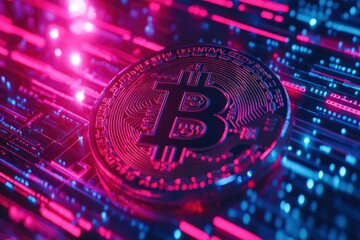 Fototapeta premium Bitcoin in the forground with a digital looking background with generative ai