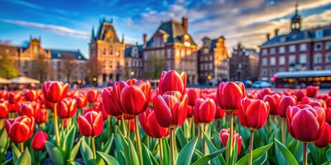 Fototapeta premium Selective focus on a field of tulips in Amsterdam's Museum Square, captured in a mesmerizing long exposure.