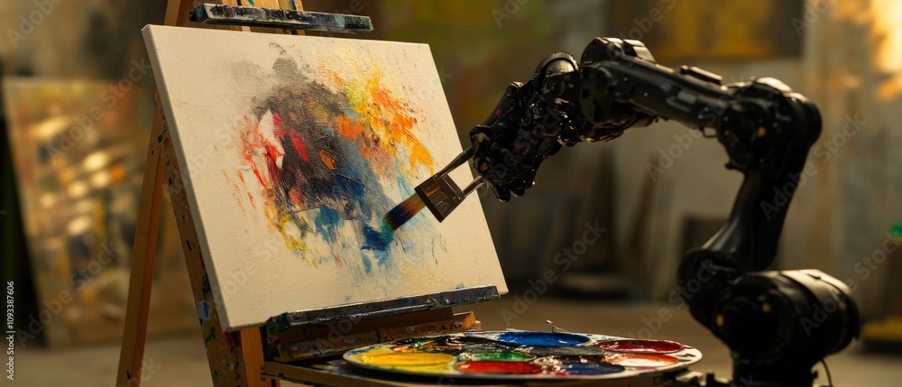Poster ai robot painting abstract art on canvas with colorful palette in modern studio - innovation meets c