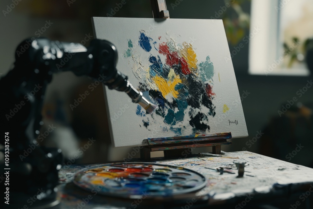 Poster artistic robot painting: colorful abstract art creation with robot arm and palette in bright studio 