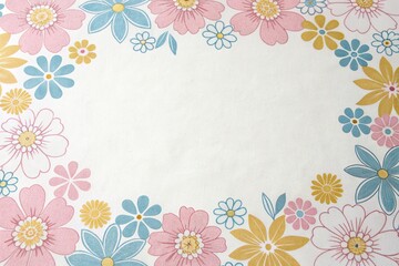 Retro-inspired floral motifs on a white background with pastel shades of pink blue and yellow, floral motifs, retro style
