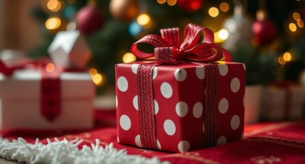 Cheerful gift boxes with red polka dots placed on a red carpet. The boxes have red ribbon on it. Gift present in christmas day