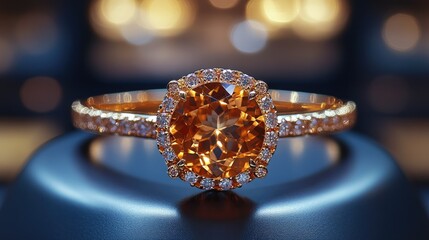Fototapeta premium A stunning orange gemstone ring with sparkling accents, displayed elegantly on a pedestal.