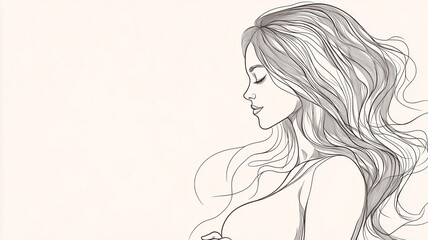 Fototapeta premium One-line drawing style, no details, side view of a beautiful pregnant woman with long hair. White background