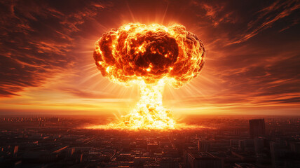 Nuclear explosion mushroom cloud over a city, with an orange sky