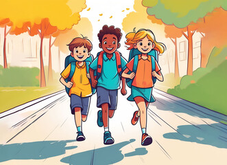Three happy schoolchildren, boys and a girl, are running with backpacks. children of different nationalities, Study, road, sunny day, bright clothes of schoolchildren. illustration style.
