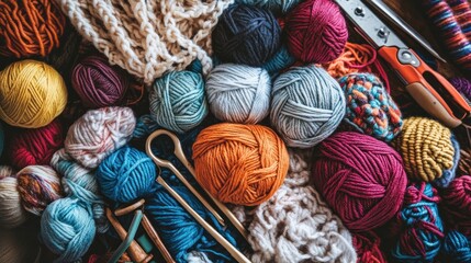 Colorful Yarn Balls and Knitting Supplies Collection