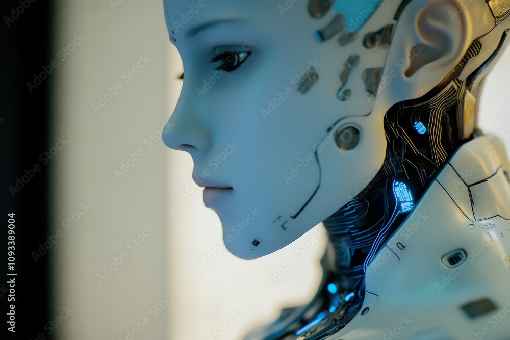 Poster close-up of futuristic robot face with high-tech features and smooth design, ideal for ai, technolog