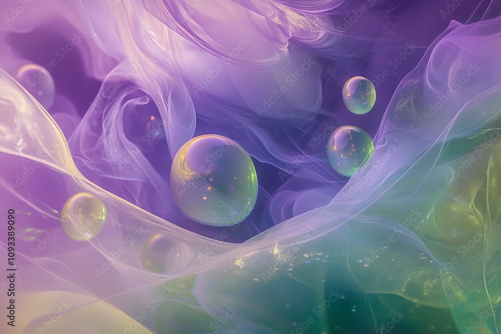 Poster colorful abstract background with floating bubbles and soft flowing textures in purple and green sha