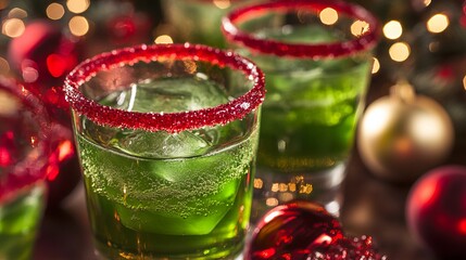 Indulge in the vibrant Xmas Green Punch, adorned with a glistening sugar rim in a glass. This refreshing creation, crafted with tangy lime sherbet, embodies the spirit of Christmas cheer
