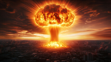 Nuclear explosion mushroom cloud over a city, with an orange sky