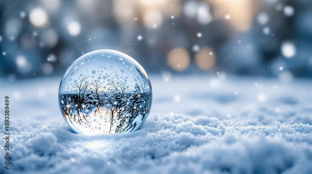 Poster Snow globe with winter forest and snowflakes. 3D rendering