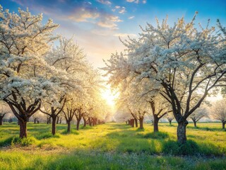 Fototapeta premium Spring's ethereal beauty unfolds in a panorama of pure white blossoms.
