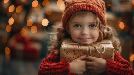 Joyful child embraces a beautifully wrapped gift amidst a festive holiday backdrop filled with lights. Generative AI
