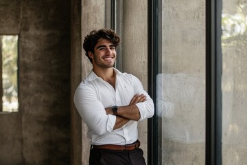 Obraz premium Confident Young Man in White Shirt Smiling by Modern Windows, Embracing Success in Stylish Office Environment
