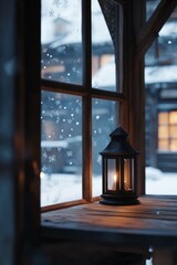 Cozy Winter Scene: Lantern Shining Through Snowy Window in Rustic Cabin Setting
