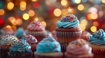 Warmly lit close-up of a cupcake topper surrounded by rows of decorated cupcakes on a festive table