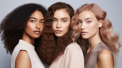 Obraz premium Trio of women with diverse hairstyles exhibit grace and individuality, against a minimalist backdrop.