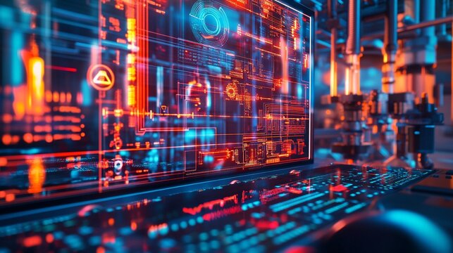 Futuristic digital interface with glowing neon circuits and holographic displays, showcasing advanced technology in a cyberpunk-inspired control room setting.