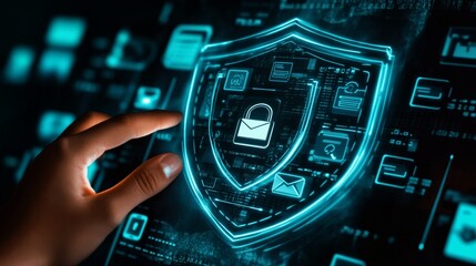 Futuristic cybersecurity concept: digital shield protecting data icons, with human hand touching virtual interface, symbolizing advanced digital protection technology.