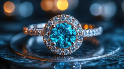 Fototapeta premium A stunning turquoise ring surrounded by sparkling diamonds, showcasing elegance and beauty.