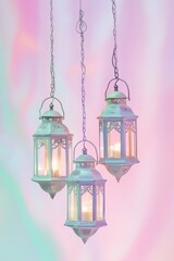 Obraz premium Elegant Hanging Lanterns with Soft Glowing Light Against a Pastel Background â€“ Perfect for Home Decor, Weddings, and Cozy Ambiance