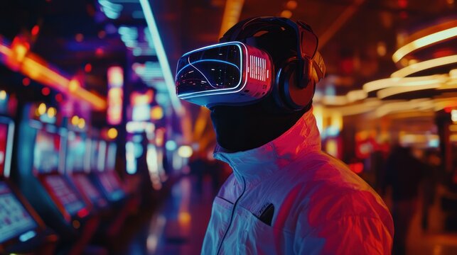 Futuristic Virtual Reality Player in a Neon Casino Environment with Bright Lights and Gaming Machines, Creating an Immersive Experience of Gaming and Technology