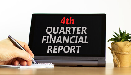 4th quarter financial report symbol. Concept words 4th quarter financial report on beautiful black tablet. Beautiful white background. Business 4th quarter financial report concept. Copy space.