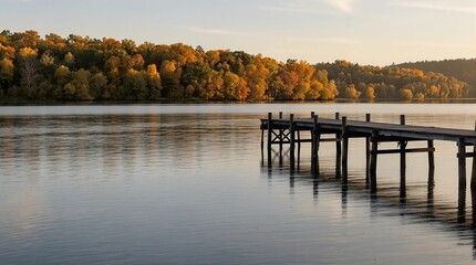 Wooden pier on the lake at sunset. Beautiful autumn landscape.