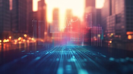 Futuristic cityscape with glowing skyscrapers and digital grid overlay, symbolizing the intersection of urban development and advanced technology in a vibrant sunset.