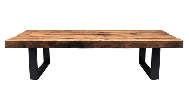 A rustic coffee table with a reclaimed wood top and black metal legs, placed on a pure white background