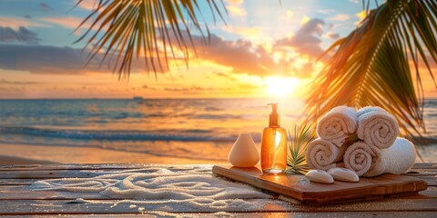 Immerse yourself in the tranquil beauty of a luxurious spa treatment by the beach at sunset. Let the tropical scents and soft towels envelop you in complete relaxation and serenity