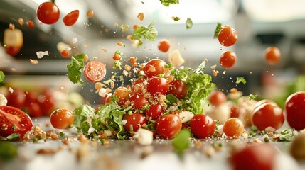 Exploding fresh ingredients in a vibrant kitchen scene.