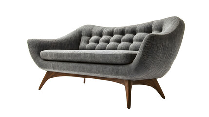 A modern gray fabric sofa with wooden legs, placed on a pure white background