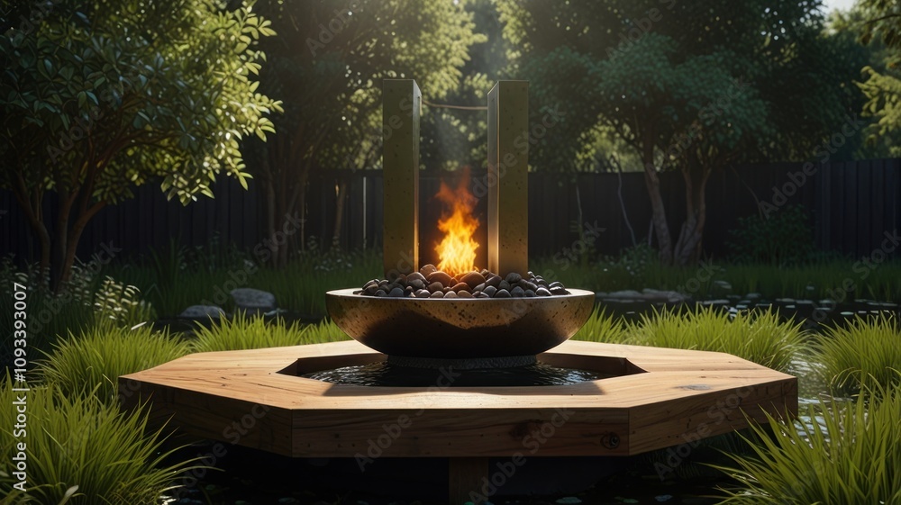 Poster here's a description and keywords for your stock photo.. modern fire pit in tranquil garden setting.
