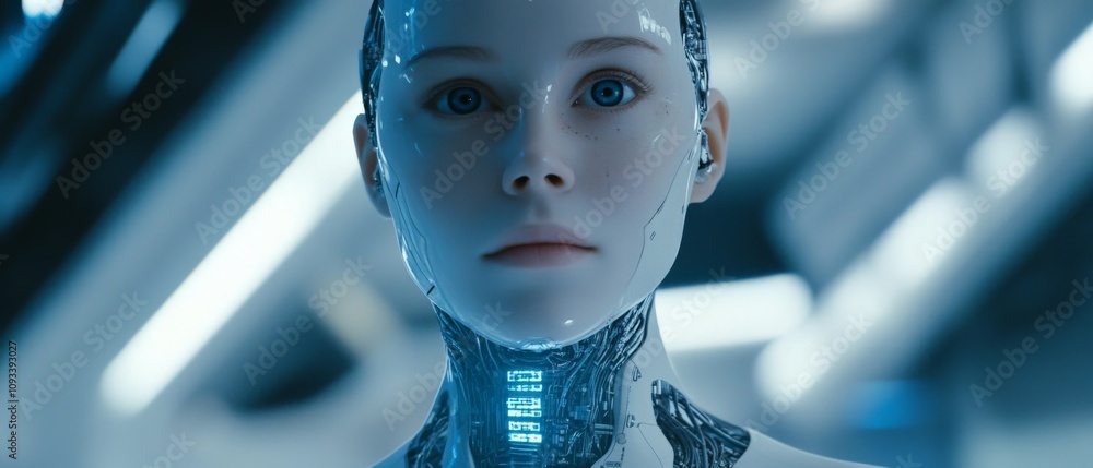 Poster futuristic ai robot close-up: advanced humanoid with sleek design, illuminated features, and high-te